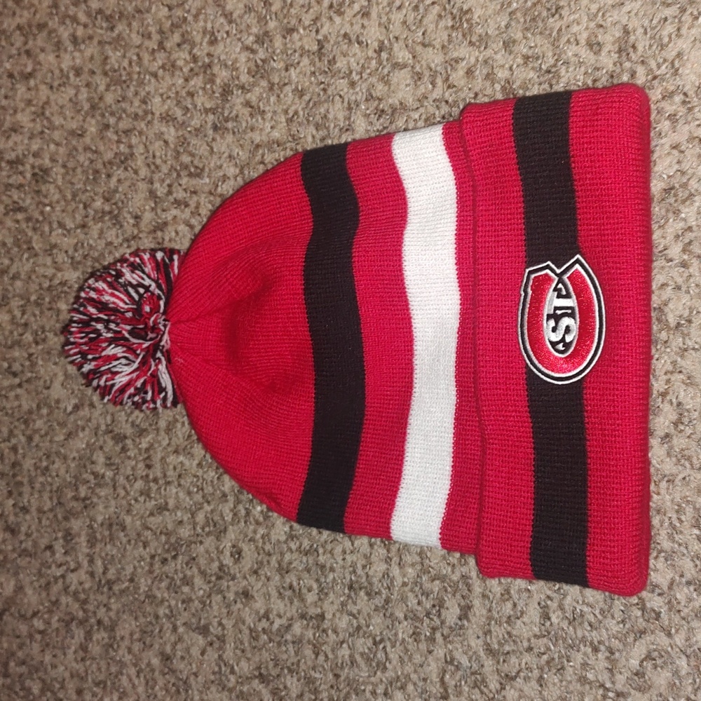 St. Cloud State University Huskies Stripped Cuffed Beanie Pom Pom OSFM